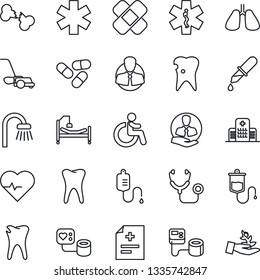 Thin Line Icon Set - disabled vector, lawn mower, heart pulse, diagnosis, stethoscope, blood pressure, dropper, pills, patch, ambulance star, hospital bed, lungs, tooth, caries, broken bone, client