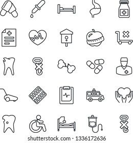 Thin Line Icon Set - disabled vector, lawn mower, bird house, heart pulse, diagnosis, dropper, pills, bottle, blister, ambulance car, hospital bed, hand, stomach, caries, broken bone, clipboard