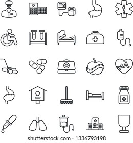 Thin Line Icon Set - disabled vector, rake, lawn mower, bird house, heart pulse, doctor case, blood pressure, test vial, dropper, pills, bottle, ambulance star, hospital bed, stomach, lungs, diet