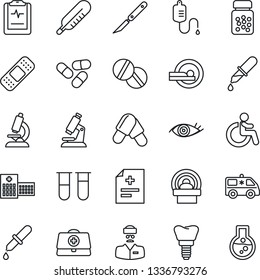 Thin Line Icon Set - disabled vector, doctor case, diagnosis, blood test vial, dropper, thermometer, microscope, pills, bottle, scalpel, patch, tomography, ambulance car, implant, eye, hospital