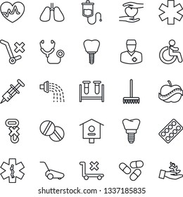 Thin Line Icon Set - disabled vector, rake, watering, lawn mower, bird house, heart pulse, stethoscope, syringe, blood test vial, dropper, pills, blister, ambulance star, hand, lungs, implant, diet