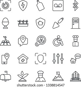 Thin Line Icon Set - Disabled Vector, Medical Room, Trowel, Seedling, Mobile Tracking, Protect, Tuning, Record, Bluetooth, Face Id, Eye, Smart Home, Mailbox, Cook, Egg Stand, Cutting Board, Message