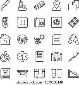 Thin Line Icon Set - disabled vector, document, house, blood test vial, dropper, pills, blister, scalpel, ambulance star, navigation, consolidated cargo, folder, radio phone, pause button, office