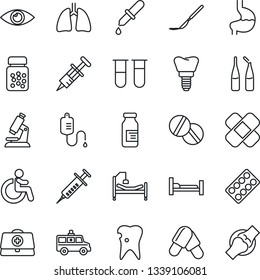 Thin Line Icon Set - disabled vector, doctor case, syringe, blood test vial, dropper, microscope, pills, bottle, blister, ampoule, scalpel, patch, ambulance car, hospital bed, stomach, lungs, caries