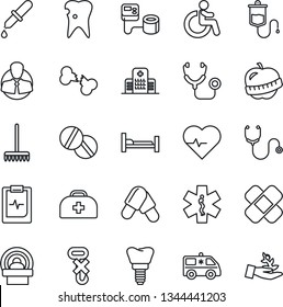 Thin Line Icon Set - disabled vector, rake, heart pulse, doctor case, stethoscope, blood pressure, dropper, pills, patch, tomography, ambulance star, car, hospital bed, caries, implant, broken bone