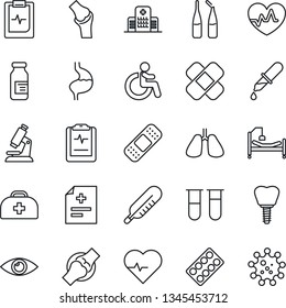 Thin Line Icon Set - disabled vector, heart pulse, doctor case, diagnosis, blood test vial, dropper, thermometer, microscope, pills blister, ampoule, patch, hospital bed, stomach, lungs, implant