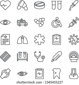 Thin Line Icon Set - disabled vector, heart pulse, diagnosis, stethoscope, syringe, blood test vial, dropper, thermometer, pills, blister, tomography, ambulance star, car, lungs, caries, eye, joint