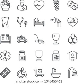 Thin Line Icon Set - disabled vector, watering, lawn mower, bird house, heart pulse, stethoscope, blood test vial, pills, bottle, blister, tomography, ambulance star, car, hospital bed, tooth, hook