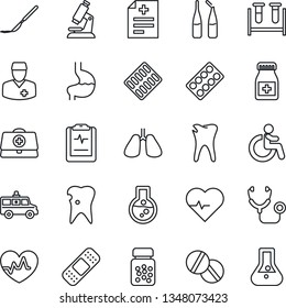 Thin Line Icon Set - disabled vector, heart pulse, doctor case, diagnosis, stethoscope, blood test vial, microscope, pills, bottle, blister, ampoule, scalpel, patch, ambulance car, stomach, lungs