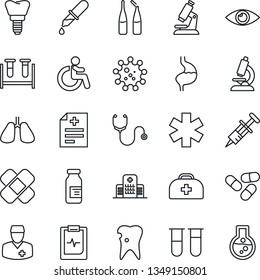 Thin Line Icon Set - disabled vector, doctor case, diagnosis, stethoscope, syringe, blood test vial, dropper, microscope, pills, ampoule, patch, ambulance star, stomach, lungs, caries, implant, eye