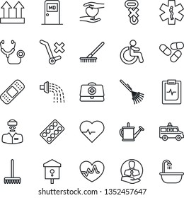 Thin Line Icon Set - disabled vector, medical room, rake, watering can, bird house, heart pulse, doctor case, stethoscope, pills, blister, patch, ambulance star, car, hand, clipboard, client, hook