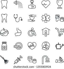 Thin Line Icon Set - disabled vector, rake, watering can, bird house, heart pulse, stethoscope, syringe, blood pressure, pills bottle, tomography, ambulance star, hand, stomach, tooth, diet, doctor