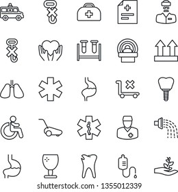 Thin Line Icon Set - disabled vector, watering, lawn mower, doctor case, diagnosis, blood test vial, dropper, tomography, ambulance star, car, heart hand, stomach, lungs, caries, implant, fragile