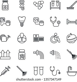 Thin Line Icon Set - disabled vector, rake, watering can, stethoscope, syringe, blood pressure, test vial, pills, bottle, hospital bed, implant, diet, client, up side sign, no hook, bathroom