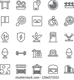 Thin Line Icon Set - disabled vector, radar, medical room, seedling, barbell, important flag, mobile tracking, search cargo, protect, record, fruit tree, flower in pot, crane, egg stand, alcove