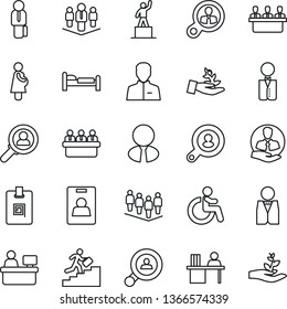 Thin Line Icon Set - disabled vector, bed, pedestal, team, meeting, manager place, pregnancy, client, user, identity card, desk, career ladder, company, search, estate agent, waiter, consumer