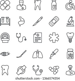 Thin Line Icon Set - disabled vector, diagnosis, stethoscope, blood test vial, dropper, microscope, pills, bottle, ampoule, scalpel, patch, tomography, ambulance star, stomach, lungs, caries, eye