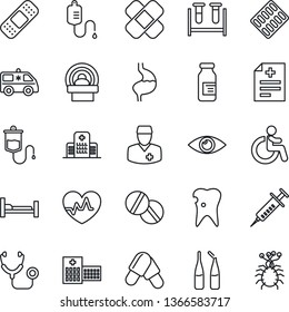 Thin Line Icon Set - disabled vector, heart pulse, diagnosis, stethoscope, syringe, blood test vial, dropper, pills, blister, ampoule, patch, tomography, ambulance car, hospital bed, stomach, caries