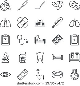 Thin Line Icon Set - Disabled Vector, Stethoscope, Blood Test Vial, Dropper, Thermometer, Microscope, Pills, Bottle, Blister, Scalpel, Patch, Hospital Bed, Lungs, Caries, Eye, Pulse Clipboard, Flask