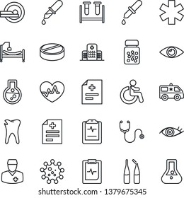 Thin Line Icon Set - disabled vector, heart pulse, diagnosis, stethoscope, blood test vial, dropper, pills, bottle, ampoule, tomography, ambulance star, car, hospital bed, caries, eye, clipboard