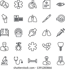Thin Line Icon Set - disabled vector, diagnosis, stethoscope, syringe, blood test vial, microscope, pills, scalpel, tomography, ambulance star, hospital bed, lungs, implant, eye, joint, doctor
