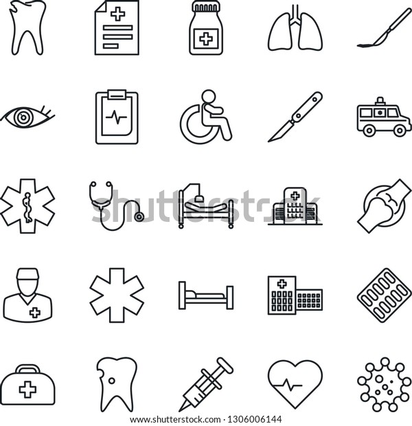 Thin Line Icon Set - disabled vector, heart pulse,\
doctor case, diagnosis, stethoscope, syringe, pills bottle,\
blister, scalpel, ambulance star, car, hospital bed, lungs, caries,\
eye, joint, virus