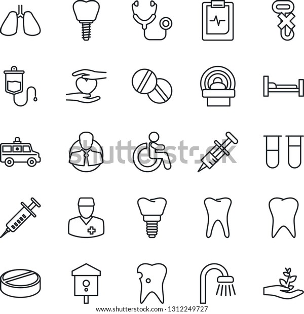 Thin Line Icon Set - disabled vector, bird house,\
stethoscope, syringe, blood test vial, dropper, pills, tomography,\
ambulance car, hospital bed, heart hand, lungs, tooth, caries,\
implant, doctor