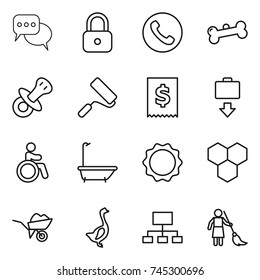 thin line icon set : discussion, lock, phone, bone, nipple, repair, tax, baggage get, invalid, bath, induction oven, honeycombs, wheelbarrow, goose, hierarchy, brooming