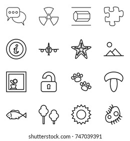 thin line icon set : discussion, nuclear, nano tube, puzzle, info, plane, starfish, landscape, flower in window, unlocked, pets, mushroom, fish, trees, sun, microb