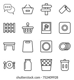 thin line icon set : discussion, remove from basket, singlepost, label, pallet, photo, ring button, table, cutting board, plates, fork spoon plate, bank, trash bin