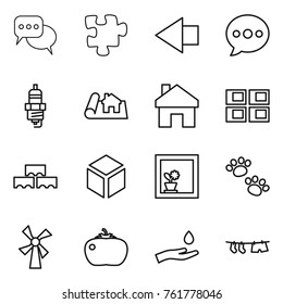 Thin Line Icon Set : Discussion, Puzzle, Left Arrow, Balloon, Spark Plug, Project, Home, Panel House, Block Wall, 3d, Flower In Window, Pets, Windmill, Tomato, Hand And Drop, Drying Clothe