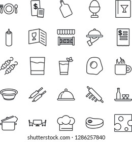 Thin Line Icon Set - dish vector, alcohol, cafe, cook hat, wine card, drink, phyto bar, coffee, waiter, egg stand, candle, table, alcove, restaurant receipt, steak, kebab, bowl, rolling pin, cheese