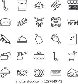 Thin Line Icon Set - dish vector, restaurant table, serviette, cafe, reserved, drink, phyto bar, plates, bacon, waiter, vip zone, open close, alcove, kebab, ham, hamburger, ladle, rolling pin, sushi