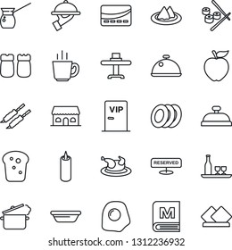 Thin Line Icon Set - dish vector, alcohol, restaurant table, serviette, menu, reserved, reception, coffee, plates, waiter, salt and pepper, bread, cafe building, candle, vip zone, credit card, kebab