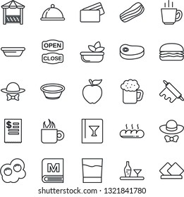 Thin Line Icon Set - dish vector, alcohol, wine card, menu, drink, coffee, beer, salad, bacon, bread, dress code, open close, alcove, credit, restaurant receipt, steak, hamburger, bowl, rolling pin
