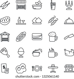 Thin Line Icon Set - dish vector, alcohol, restaurant table, cafe, phyto bar, coffee, beer, salad, egg stand, candle, alcove, credit card, receipt, chicken, steak, kebab, ham, hot dog, knife