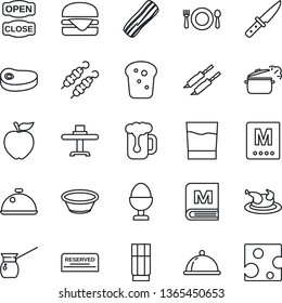 Thin Line Icon Set - dish vector, restaurant table, cafe, menu, reserved, drink, beer, bacon, egg stand, bread, open close, chicken, steak, kebab, hamburger, bowl, knife, steaming pan, apple fruit