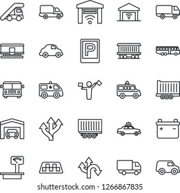Thin Line Icon Set - dispatcher vector, taxi, airport bus, parking, alarm car, ladder, ambulance, route, railroad, truck trailer, delivery, heavy scales, garage, gate control, battery