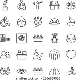 Thin Line Icon Set - dispatcher vector, disabled, pedestal, brainstorm, meeting, manager place, heart hand, stomach, lungs, eye, hospital, virus, client, group, fingerprint id, company, desk