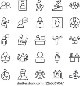 Thin Line Icon Set - dispatcher vector, male, reception, speaking man, team, manager place, disabled, pregnancy, client, speaker, group, user, identity card, desk, meeting, career ladder, company