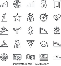 Thin Line Icon Set - dispatcher vector, dollar sign, pedestal, medal, graduate, money bag, cash, bar graph, target, career ladder, police, arrow up, motivation, handshake, pennon, crisis