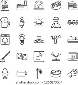 Thin Line Icon Set - dispatcher vector, baggage conveyor, ticket office, larry, notebook pc, bulb, hoe, garden light, diagnosis, pills, pregnancy, route, music, battery, building, factory, cook