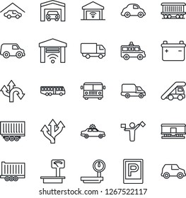 Thin Line Icon Set - dispatcher vector, airport bus, parking, alarm car, ladder, ambulance, route, railroad, truck trailer, delivery, heavy scales, garage, gate control, battery