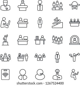 Thin Line Icon Set - dispatcher vector, passport control, reception, manager, pedestal, team, place, doctor, support, desk, meeting, career ladder, estate agent, waiter, dress code, pass card