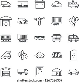 Thin Line Icon Set - dispatcher vector, taxi, airport bus, parking, ladder car, ambulance, route, railroad, truck trailer, delivery, garage, gate control, battery