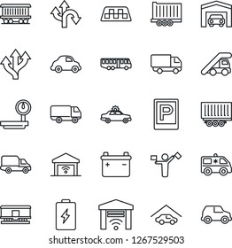Thin Line Icon Set - dispatcher vector, taxi, airport bus, parking, alarm car, ladder, ambulance, route, railroad, truck trailer, delivery, heavy scales, garage, gate control, battery