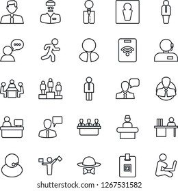 Thin Line Icon Set - dispatcher vector, male, reception, manager, speaking man, pedestal, place, run, doctor, support, client, speaker, identity card, desk, meeting, estate agent, waiter, dress code