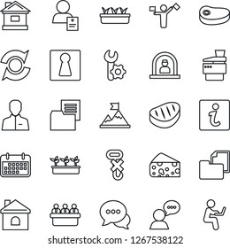 Thin Line Icon Set - dispatcher vector, female, reception, meeting, house, seedling, patient, term, folder document, no hook, dialog, speaker, user, root setup, update, copier, steak, cheese