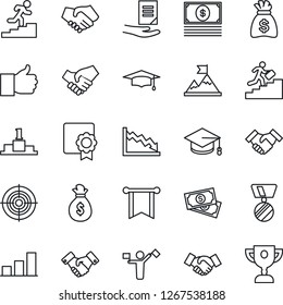 Thin Line Icon Set - dispatcher vector, handshake, medal, graduate, money bag, document, cash, finger up, sertificate, bar graph, target, career ladder, motivation, pennon, crisis, pedestal