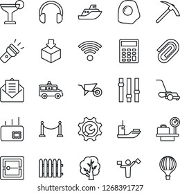 Thin Line Icon Set - dispatcher vector, fence, luggage scales, tree, wheelbarrow, lawn mower, ambulance car, sea shipping, package, settings, headphones, mail, scanner, torch, root setup, paper clip